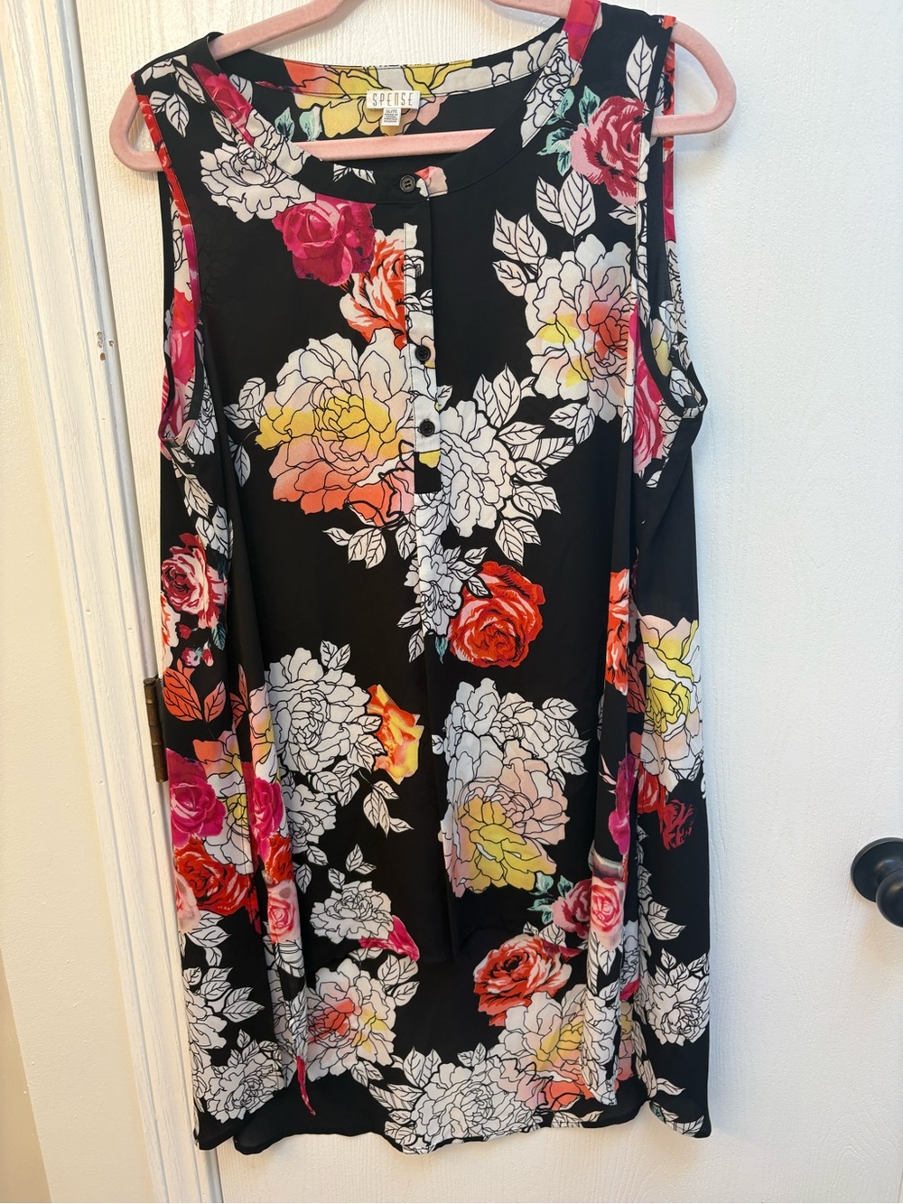 Spense Black Floral Button-Front Tunic with Pink and Yellow Blooms